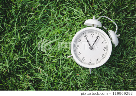 White Alarm Clock on Green Grass Representing Time Management and Natural Serenity 119969292