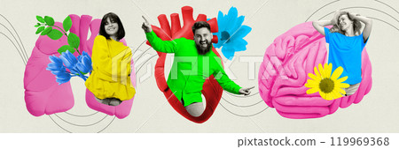 Contemporary art collage. Group of people around symbolic organs lungs, heart, and brain, promoting health and positivity. Contemporary art collage. Group of people around symbolic organs lungs, heart, and brain, promoting health and positivity. 119969368