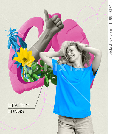 Contemporary art collage. Woman smiling next to healthy lungs symbolized by plants and flowers, showing wellness and respiratory health. 119969374