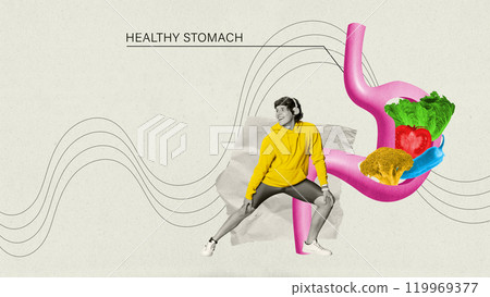 Contemporary art collage. Happy person stretching beside stomach filled with vegetables, symbolizing healthy digestive system and good nutrition. Contemporary art collage. Happy person stretching beside stomach filled with vegetables, symbolizing healthy digestive system and good nutrition. 119969377