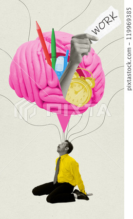 Contemporary art collage. Burnout. Overworked person beneath brain filled with tasks. Stress and mental load of work. 119969385