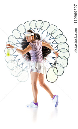 Young athlete, confident, competitive tennis player in full gear serving ball in motion with stroboscopic effect Young athlete, confident, competitive tennis player in full gear serving ball in motion with stroboscopic effect 119969707