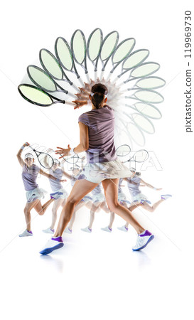 Rear view of young woman, professional tennis player training hitting ball in motion with stroboscopic effect. Rear view of young woman, professional tennis player training hitting ball in motion with stroboscopic effect. 119969730