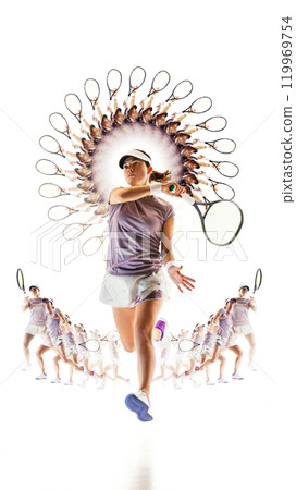 Tennis player in motion raising tennis racquet to hit ball against white background with stroboscopic effect. Tennis player in motion raising tennis racquet to hit ball against white background with stroboscopic effect. 119969754