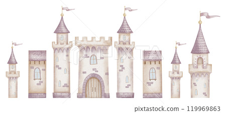Castle watercolor illustration for clip art. Fairytale palace with towers in pastel pink colors for baby greeting cards and girl nursery wall art. Magic fortress for kid design and childish poster. Castle watercolor illustration for clip art. Fairytale palace with towers in pastel pink colors for baby greeting cards and girl nursery wall art. Magic fortress for kid design and childish poster. 119969863