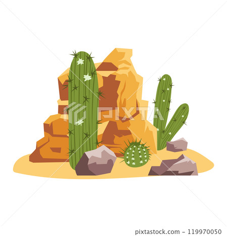 Desert landscape in flat design. Green cactuses and grass by rocks and stones. Vector illustration isolated. 119970050