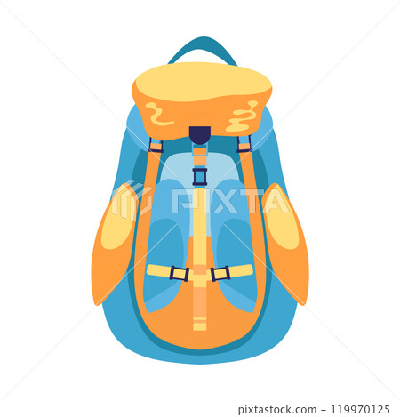 Climbing backpack in flat design. Alpinism, camping and trekking bag. Vector illustration isolated. 119970125