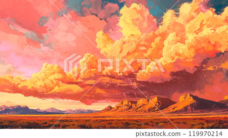 Mountains Landscape with Orange and Pink Clouds Illustration Majestic Sandia Mountains Vibrant Sunset Sky Orange Clouds Pink Clouds Scenic Mountain View Dramatic Sky Sunset 119970214