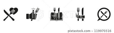 Healthy Eating and Diet Planning Silhouette Icon Set. Food and Nutrition Symbols for Meal Guidance and Weight Management. Isolated Vector Illustration Healthy Eating and Diet Planning Silhouette Icon Set. Food and Nutrition Symbols for Meal Guidance and Weight Management. Isolated Vector Illustration 119970316