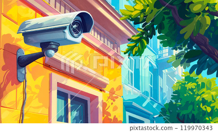 CCTV Camera Security Surveillance Yellow Facade Wall Urban Environment Cartoon Illustration Building Exterior Safety Technology Modern Security Equipment Bright Yellow Wall 119970343