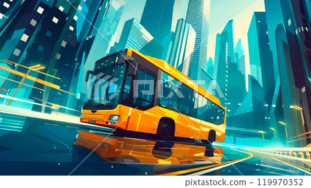 Big Yellow Bus Travelling Through a City of Skyscrapers Vector Illustrations Urban Transportation Cityscape Tall Buildings Modern Skyscrapers Yellow School Bus Downtown City 119970352