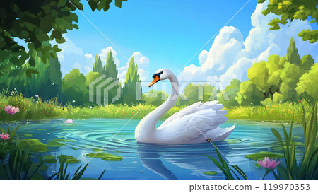 Beautiful White Swan Pond Water Reflection Graceful Bird Calm Serene Elegant Swimmer Watercolor Background Nature Scene Peaceful Wildlife Animal Pondside 119970353