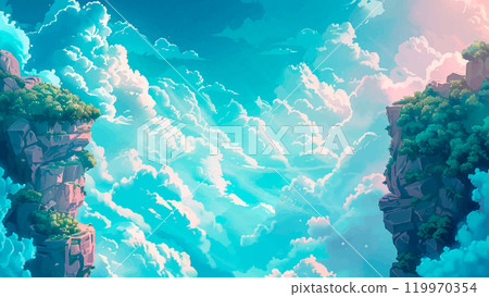 Beautiful Puffy Clouds Between Two Cliffs Sky Cloudy Landscape Dramatic Scenic Background Nature Illustration Cartoon Majestic Cloudscape Panoramic Sky Background 119970354