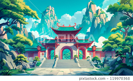 Ancient Buddhist Temple Cartoon Background Detailed Illustration Serene Temple Architecture Peaceful Environment Ornate Architecture Lush Surroundings Sacred Site Ancient Buddhist Temple Cartoon Background Detailed Illustration Serene Temple Architecture Peaceful Environment Ornate Architecture Lush Surroundings Sacred Site 119970368