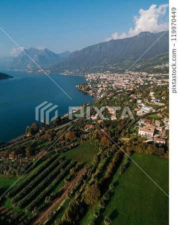 Aerial view of a lakeside town 119970449