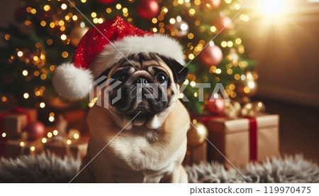 Pug dog wearing Santa hat sitting in front of Christmas tree with gifts and ornaments. Holiday scene 119970475