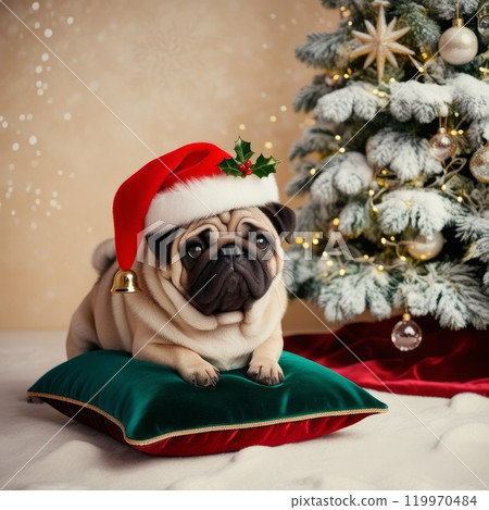Pug dog in Santa hat with holly and bell on green cushion near decorated Christmas tree. Festive scene 119970484