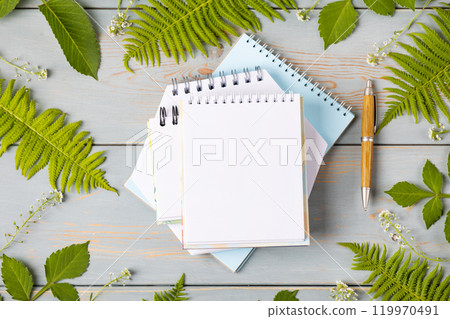 Green leaves on a blue wooden background with opened blank notepad and pen. Creative layout made of leaves with place for your text . Flat lay. Nature concept 119970491