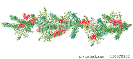Christmas garland fir branches, red holly berries and thuja. Hand drawn watercolor illustration of hanging decor on isolated background. Template for holiday greeting cards or party invitations. 119970502