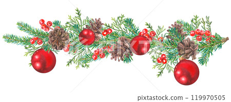 Green spruce branches decorated with red berries, pine cones and Christmas holiday balls. Hand drawn watercolor illustration of fir tree twig on isolated background. Conifer for New Year invitations. 119970505