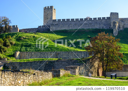 Remains of Historic Belgrade Fortress fortifications in Kalemegdan park in Belgrade, Serbia 119970510