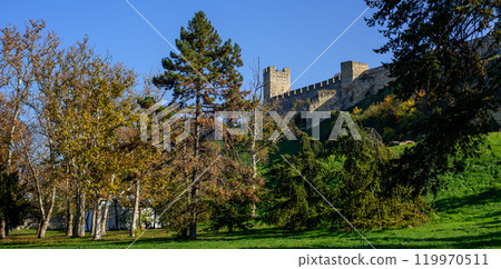 Remains of Historic Belgrade Fortress fortifications in Kalemegdan park in Belgrade, Serbia 119970511