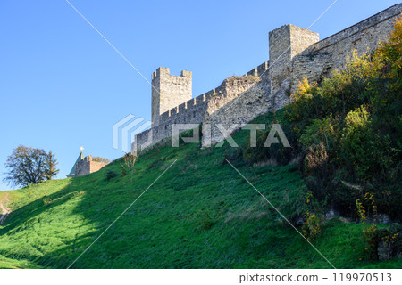 Remains of Historic Belgrade Fortress fortifications in Kalemegdan park in Belgrade, Serbia 119970513