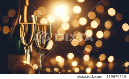 Two champagne glasses and a bottle with golden bokeh lights in the background. Festive celebration concept. Copy space 119970539