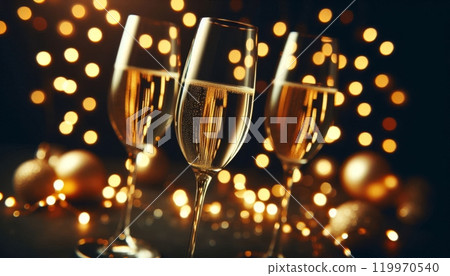 Three champagne glasses with golden bokeh lights in the background. Festive celebration and holiday party concept 119970540