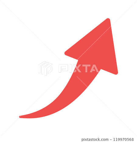 An icon of a red arrow curved upward to the right - A simple illustration of a symbol or decoration representing an upward movement 119970568