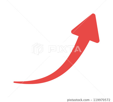 An icon of a red arrow curved upward to the right - A simple illustration of a symbol or decoration representing an upward movement 119970572