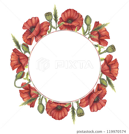Red poppy flowers wreath round frame. Memorial Day, Anzac in Australia template. Meadow wild blossom, field blooming. Hand drawn watercolor illustration isolated background. Remember and honor. Red poppy flowers wreath round frame. Memorial Day, Anzac in Australia template. Meadow wild blossom, field blooming. Hand drawn watercolor illustration isolated background. Remember and honor. 119970574