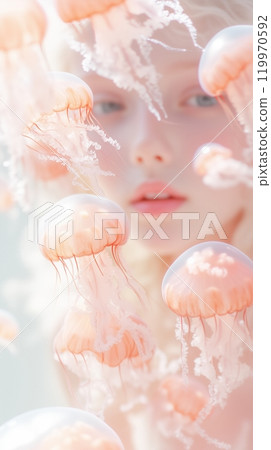 A portrait of a girl and a fleeting pink jellyfish A portrait of a girl and a fleeting pink jellyfish 119970592