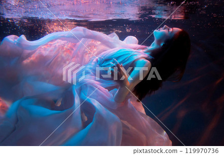 Woman model, ballerina underwater in a fluttering dress. Soft blurred focus. Woman model, ballerina underwater in a fluttering dress. Soft blurred focus. 119970736