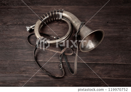 Hunting horn on rustic wood plank. 119970752