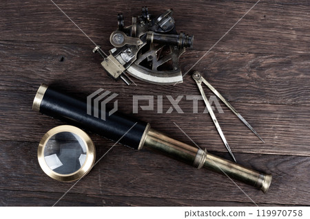 Antique bronze naval instruments - sextant, spy glass. naval dividers and magnifier glass Antique bronze naval instruments - sextant, spy glass. naval dividers and magnifier glass 119970758