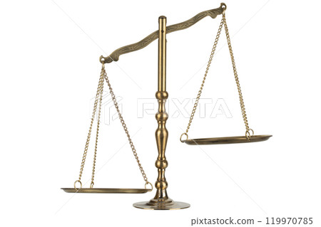 Bronze traditional balance scale with weights isolated on white Bronze traditional balance scale with weights isolated on white 119970785
