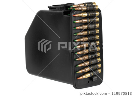 5.56 mm ammunition belt with cartridges in ammunition box 5.56 mm ammunition belt with cartridges in ammunition box 119970818