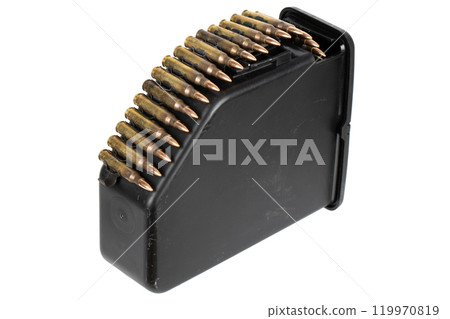 5.56 mm ammunition belt with cartridges in ammunition box 5.56 mm ammunition belt with cartridges in ammunition box 119970819