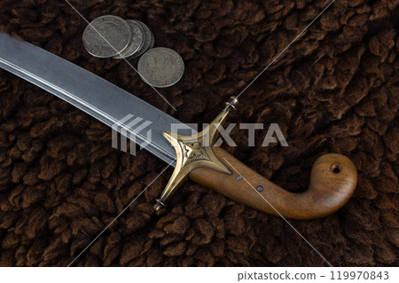 Ukraine Saber Sword with silver taller coins, 17th century. Poland, Lithuania, Hungary, Ukraine. 119970843