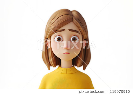 Sad stressed upset cartoon character young woman person portrait with light brown hair in 3d style design on light background. Human people feelings expression concept 119970910