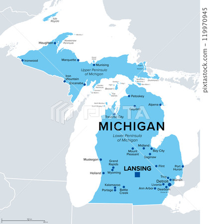 Michigan, U.S. state, political map. State in the Great Lakes region of upper Midwestern United States, with capital Lansing and metropolitan area Detroit. The Great Lake State, and Wolverine State. 119970945