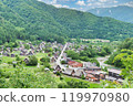 Aerial view of the Gassho-style village of Shirakawa-go 119970980