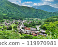 Aerial view of the Gassho-style village of Shirakawa-go 119970981