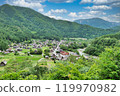 Aerial view of the Gassho-style village of Shirakawa-go 119970982