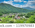 Aerial view of the Gassho-style village of Shirakawa-go 119970983