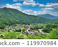 Aerial view of the Gassho-style village of Shirakawa-go 119970984