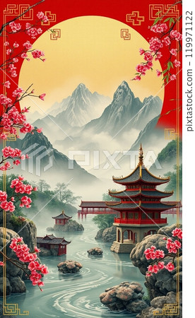 Serenity of a traditional japanese garden with cherry blossoms and pagodas 119971122