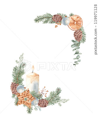 Christmas Advent square vertical Frame, Border. Corner Compositions with Winter plants, Candle and handmade Wicker star Toy. Hand drawn Botanical Illustration of Fir Branches, Eucalyptus, Pine Cone Christmas Advent square vertical Frame, Border. Corner Compositions with Winter plants, Candle and handmade Wicker star Toy. Hand drawn Botanical Illustration of Fir Branches, Eucalyptus, Pine Cone 119971128