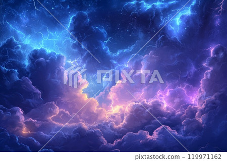 Lightning storm in an ominous sky stormy clouds digital illustration. 119971162